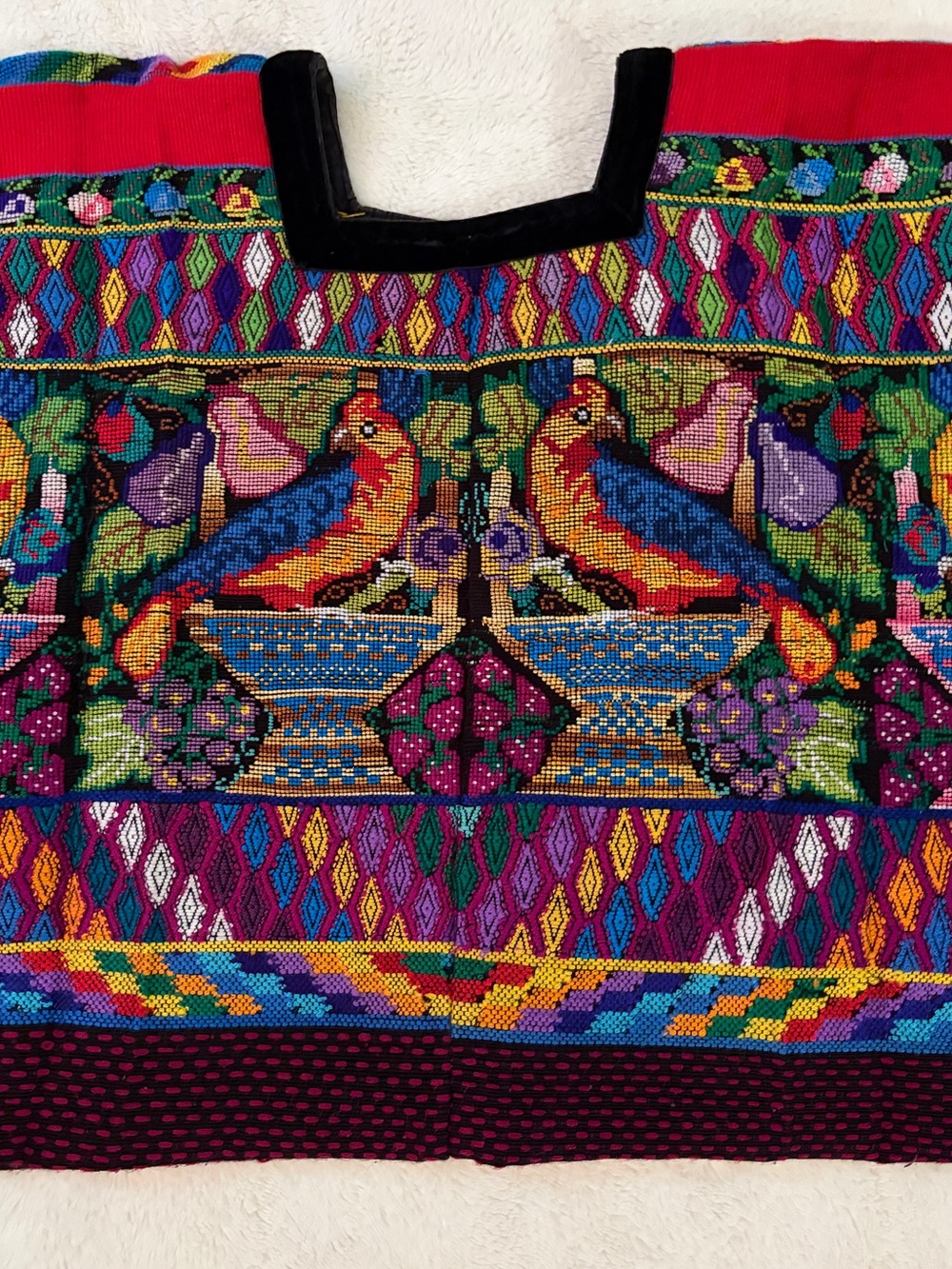 Handmade Multicolor Embroidered Huipil with Vibrant Bird Pattern and Fruits